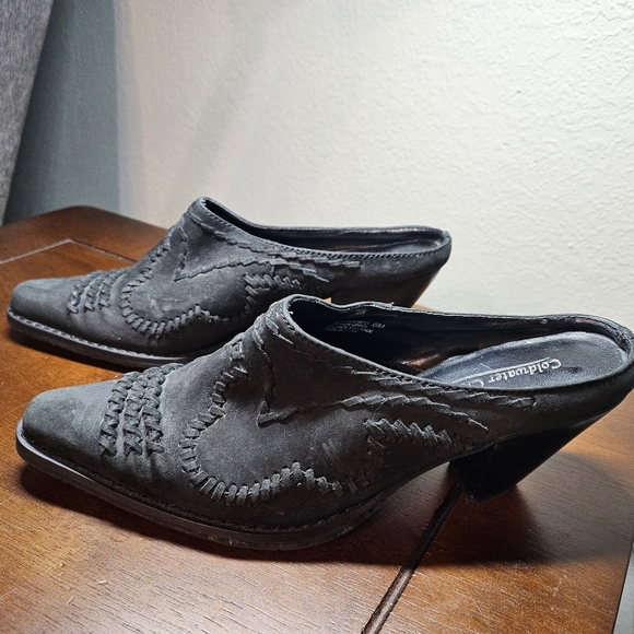 Coldwater Creek Women’s 6M Western Suede Black Bronco Mules Clogs pre-owned - Picture 3 of 6